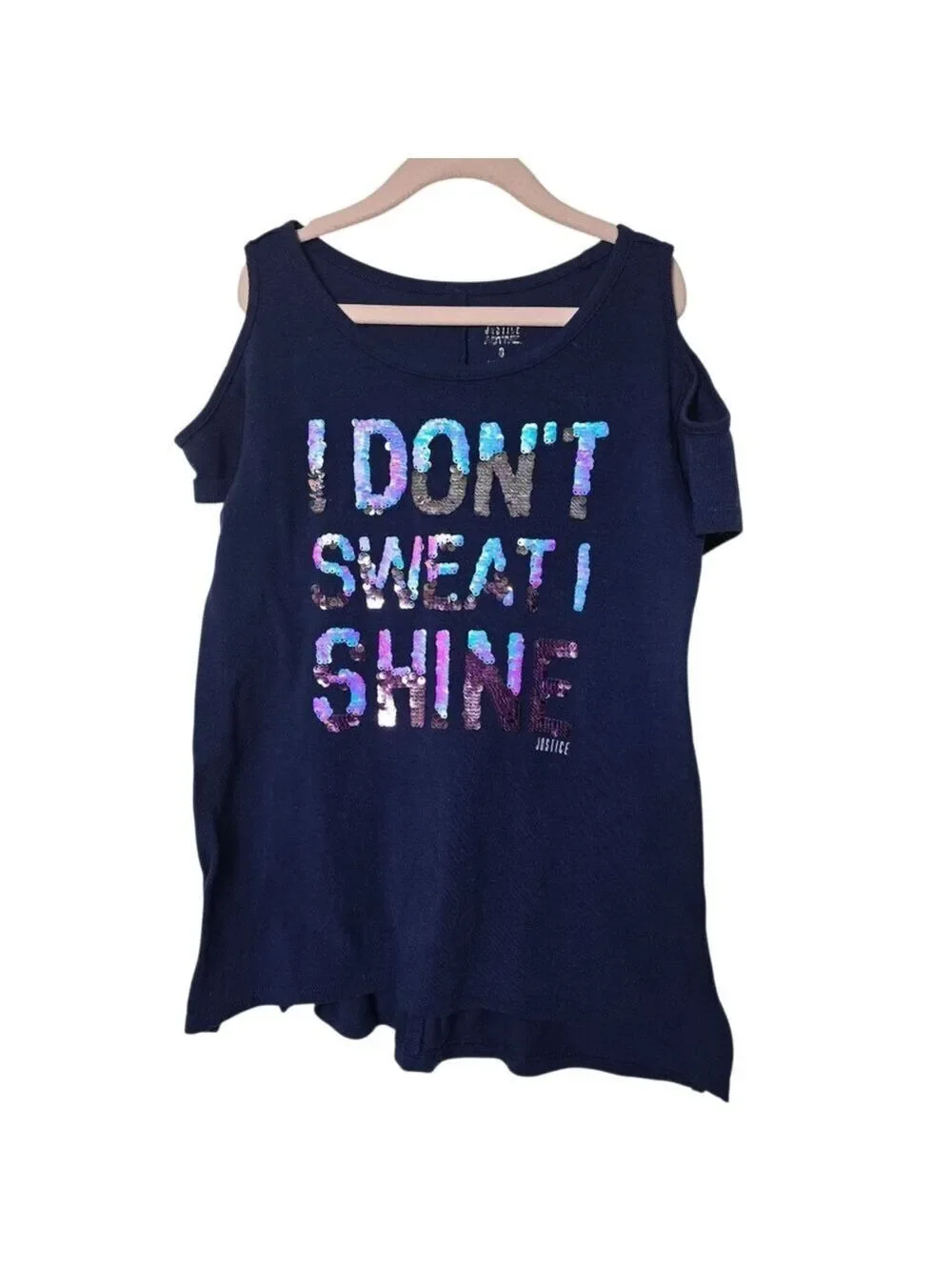 Justice I Don't Sweat I Shine Sequin Cold Shoulder Shirt Girls Size 8